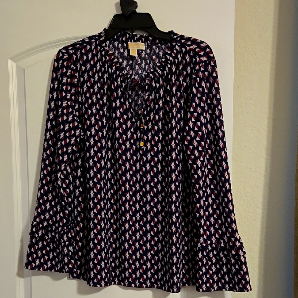 Michael Kors multicolored long sleeve graphic blouse with mandarin collar